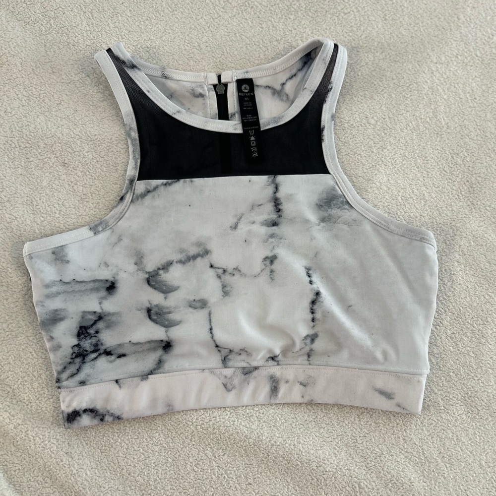 Reflex XS Marble Print High Neck Sports Bra Black Mesh Racerback Zip